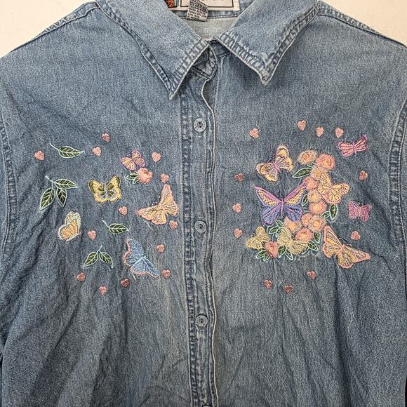 Passion-I Denim Pink Butterfly Embroidered Button Up Long Sleeve Shirt Size L - Picture 2 of 7